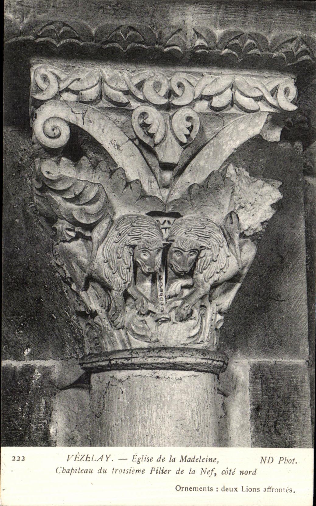 VINTAGE POSTCARD Vezelay Eglise of the Madeleine Chapiteau of the Third Pillar of the Nave Dimensions Northern