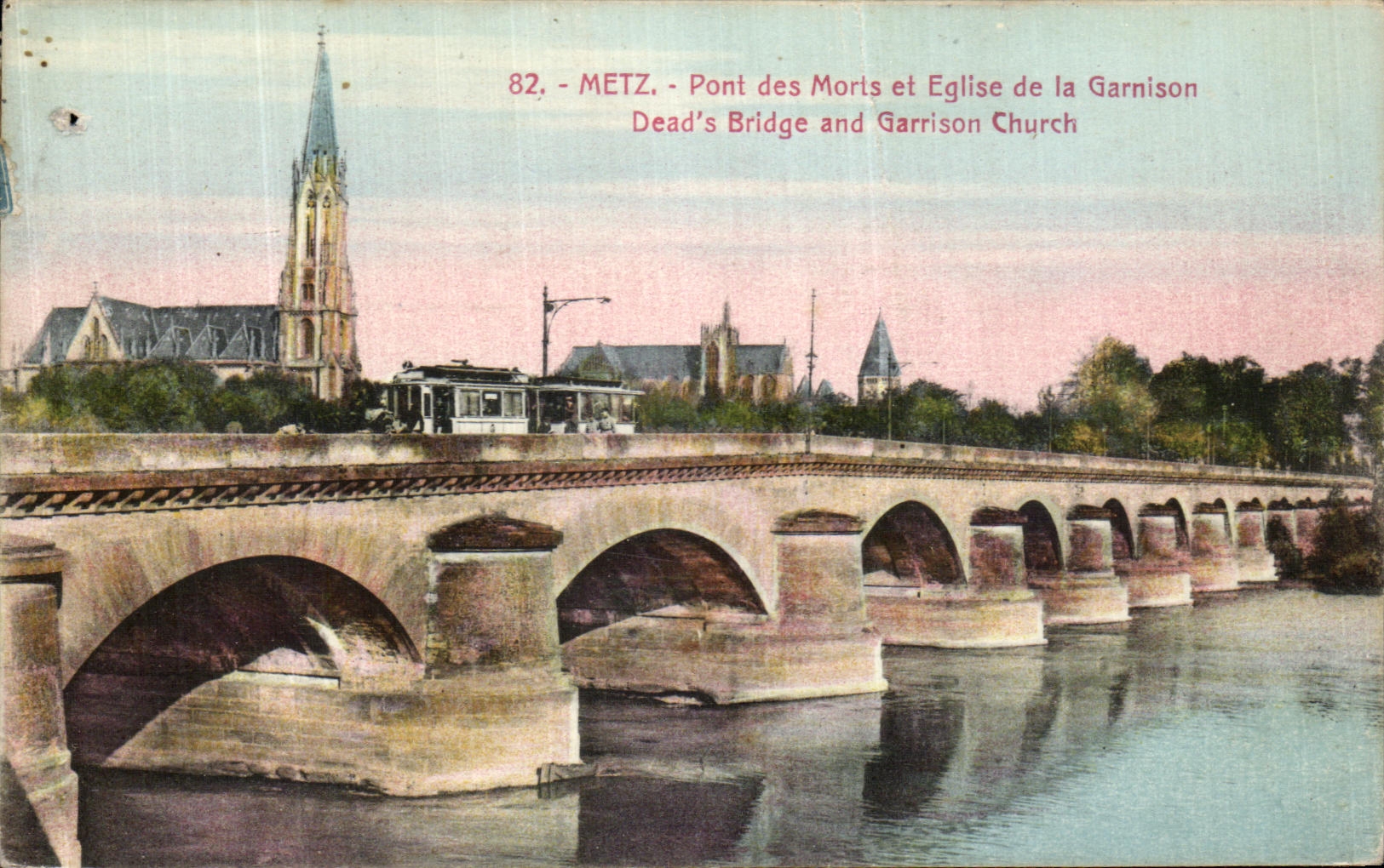 Puente de Metz de la POSTAL de la VENDIMIA de muerto e iglesia de la guarnicion