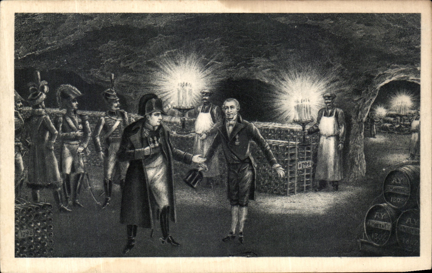 VINTAGE POSTCARD Epernay Caves Moet Chandon Jean remy moet mayor D Epernay receives the visit of Napoleon the 1st on July 27th  1807