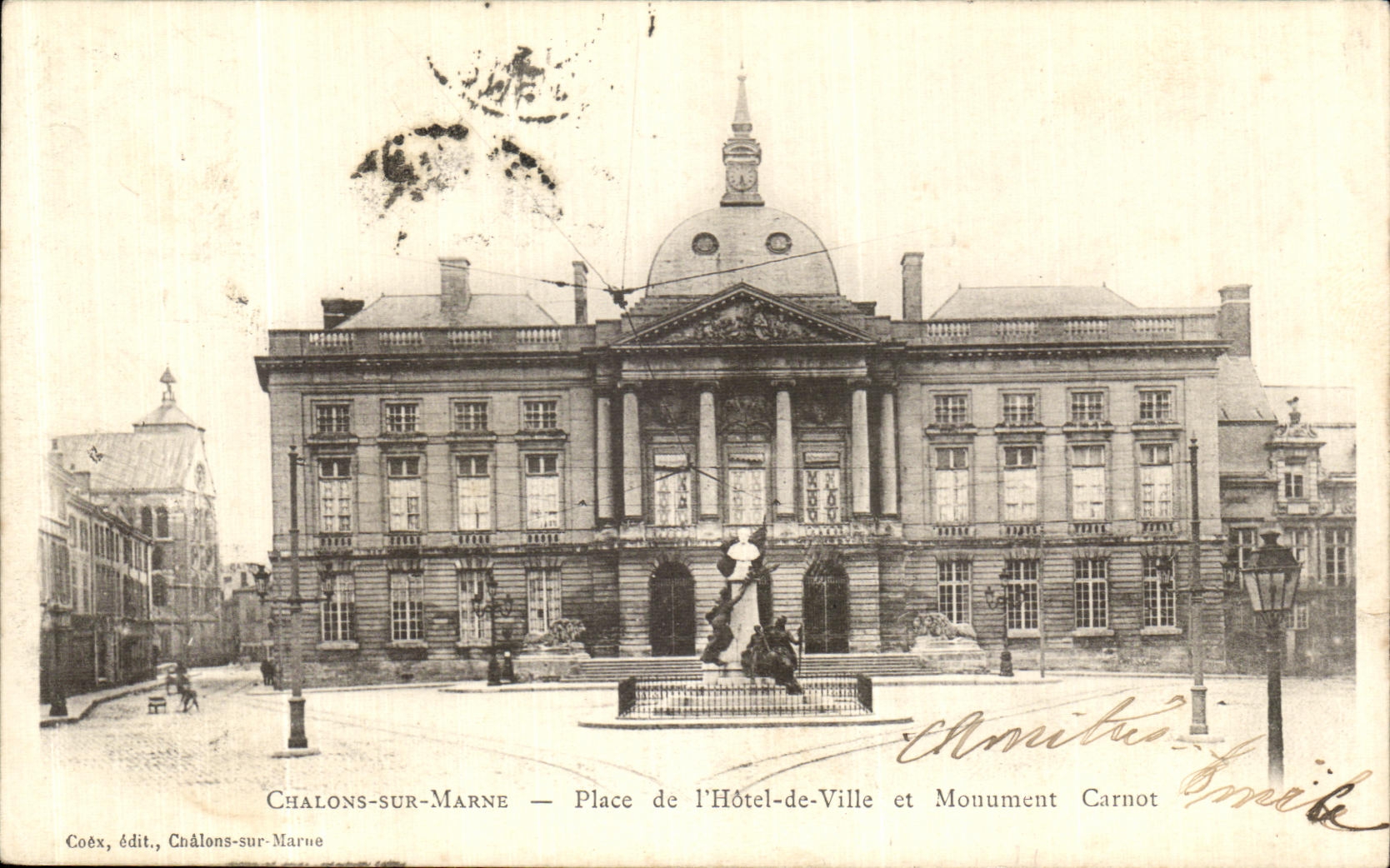 VINTAGE POSTCARD Chalons On the Marne Places L Town hall and Monument Carnot