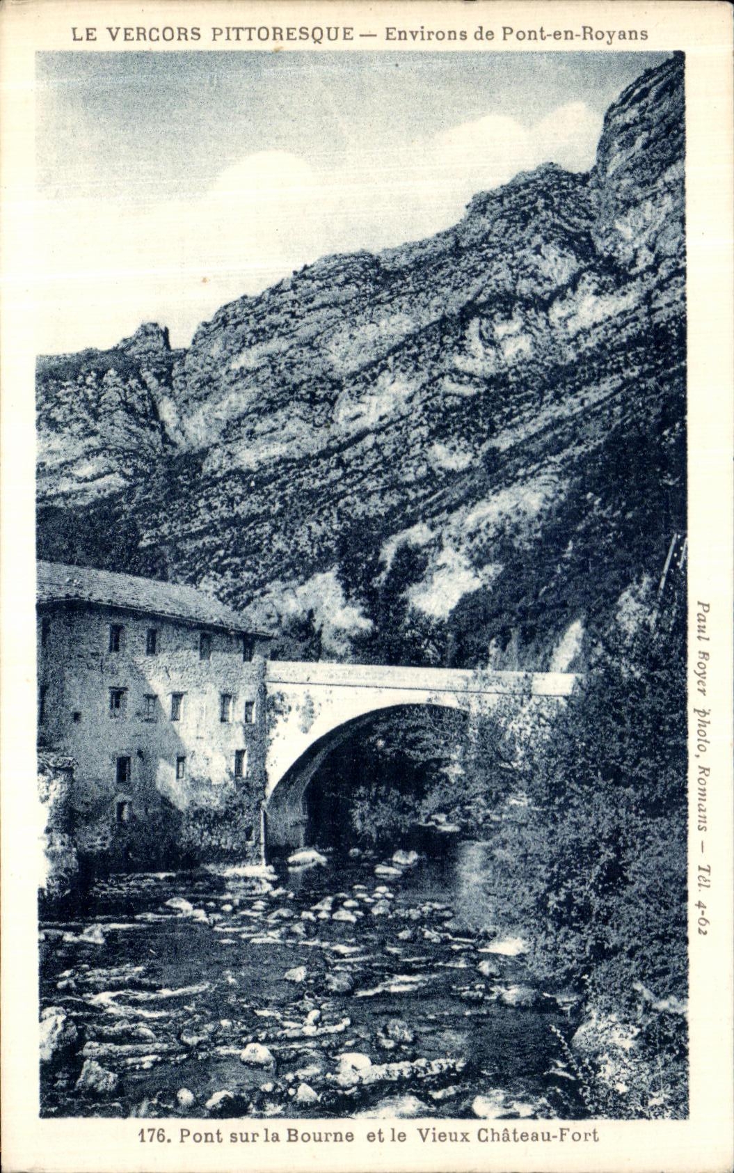 Alrededores pintorescos de Vercors de la POSTAL de la VENDIMIA del puente en el puente de Royans en Bourne y el castillo fuerte viejo