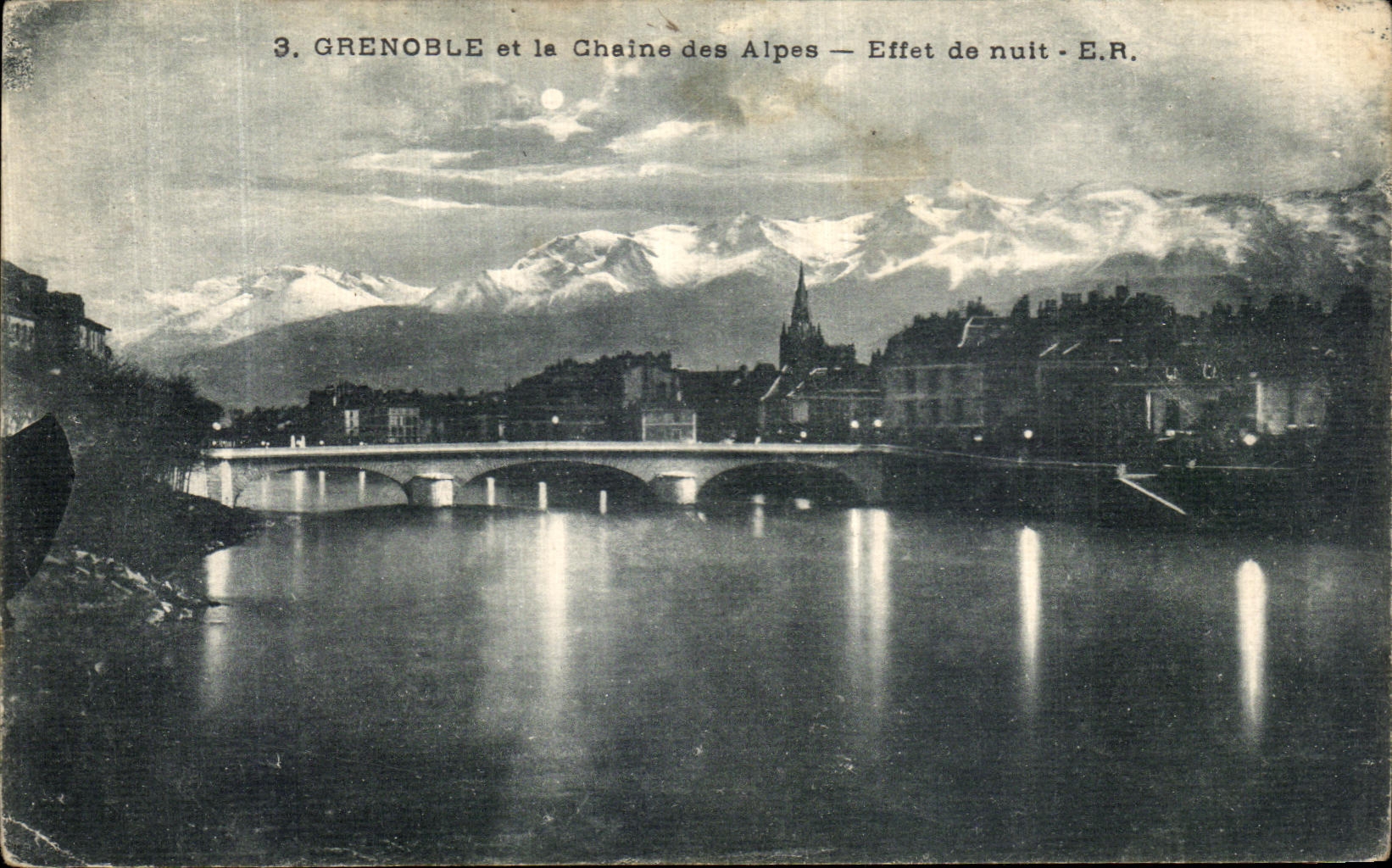 VINTAGE POSTCARD Grenoble and the Alpine range Eifet of night