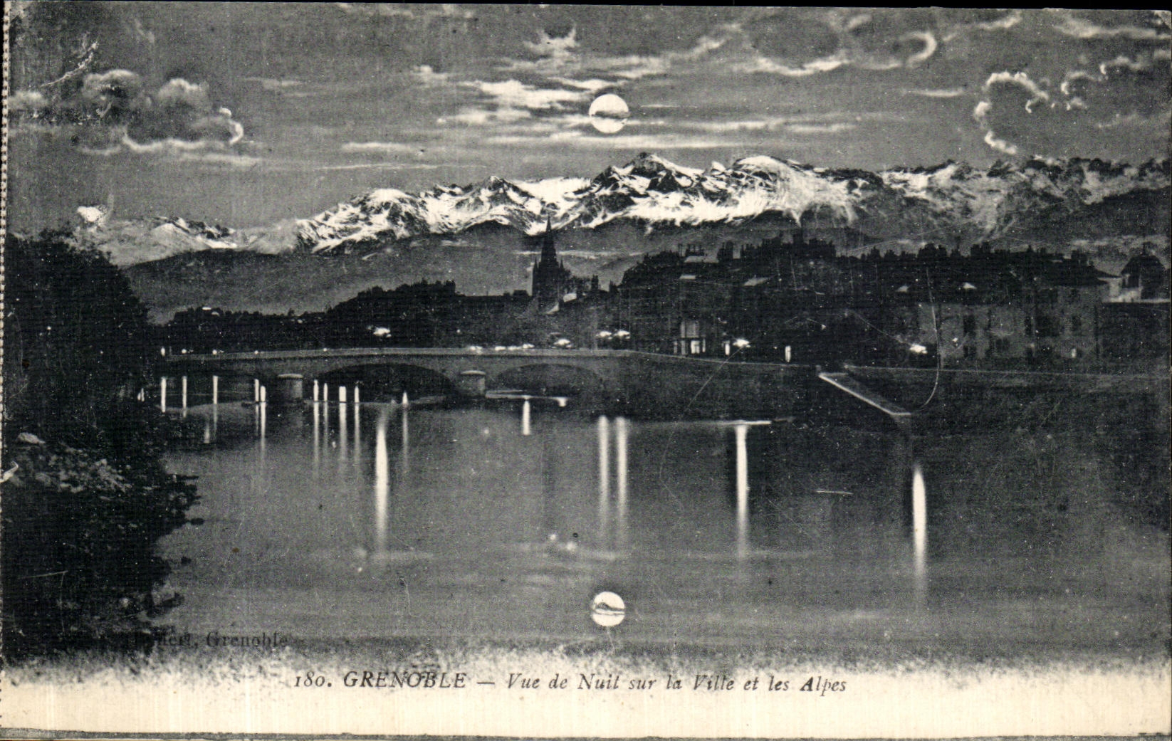 VINTAGE POSTCARD Grenoble Seen of Night on the City and the Alps