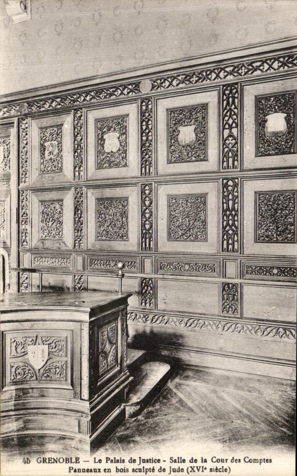 VINTAGE POSTCARD Grenoble the Law courts Room of the Court of Auditors Panels out of wooden carves of Jude