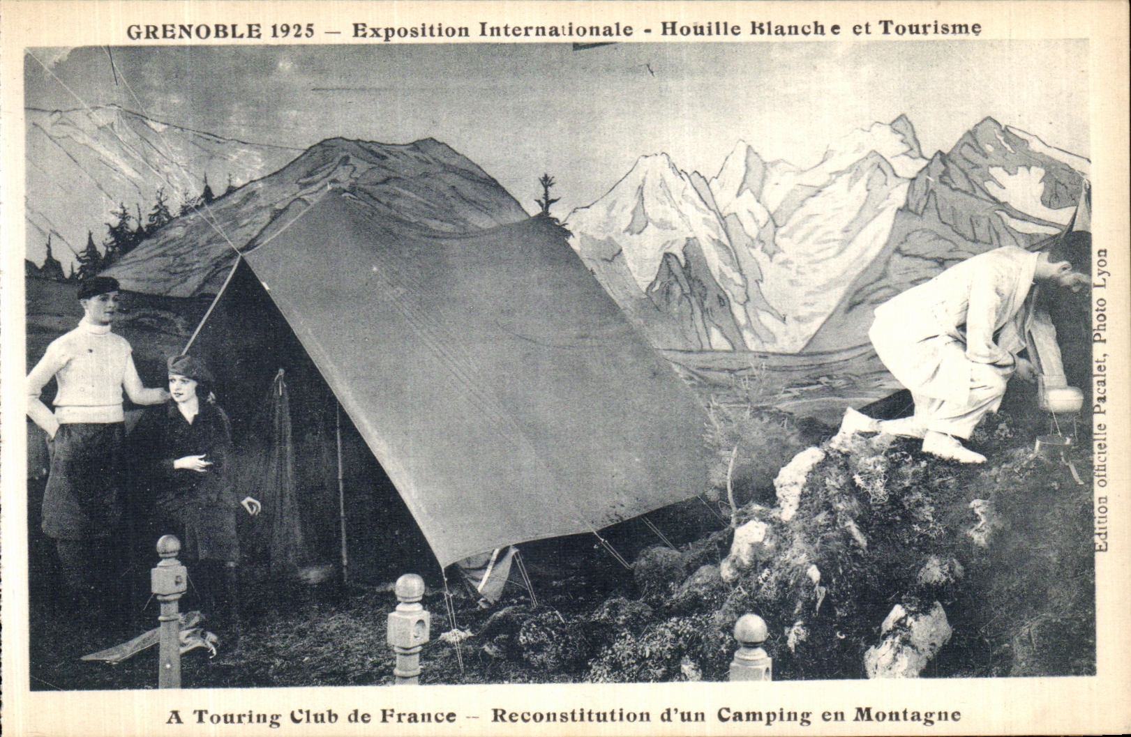 VINTAGE POSTCARD Grenoble International exhibition Hydro electric power and Tourism has Touring Club of France Camp site in mountain