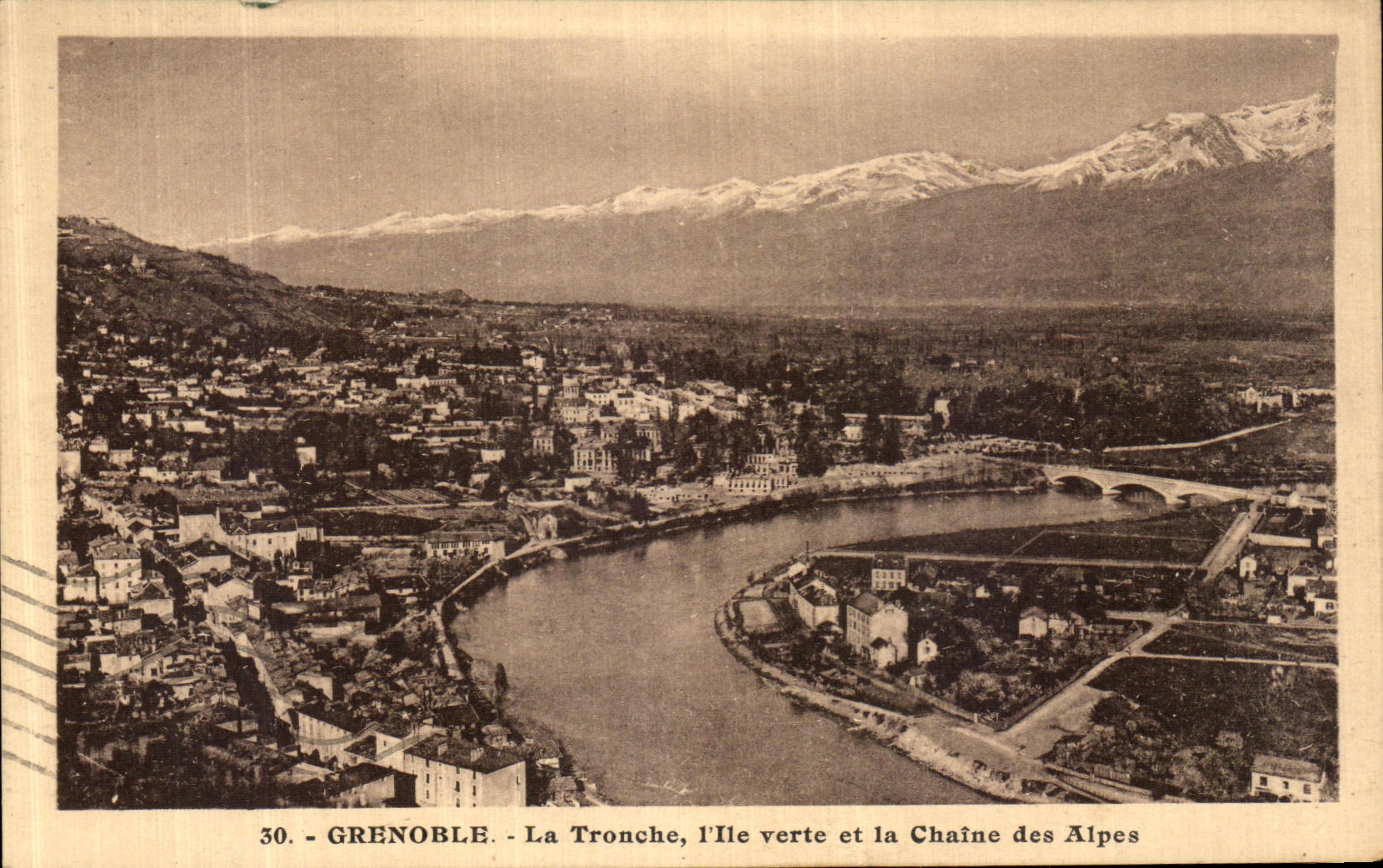 VINTAGE POSTCARD Grenoble the Mug L green Island and the Alpine range