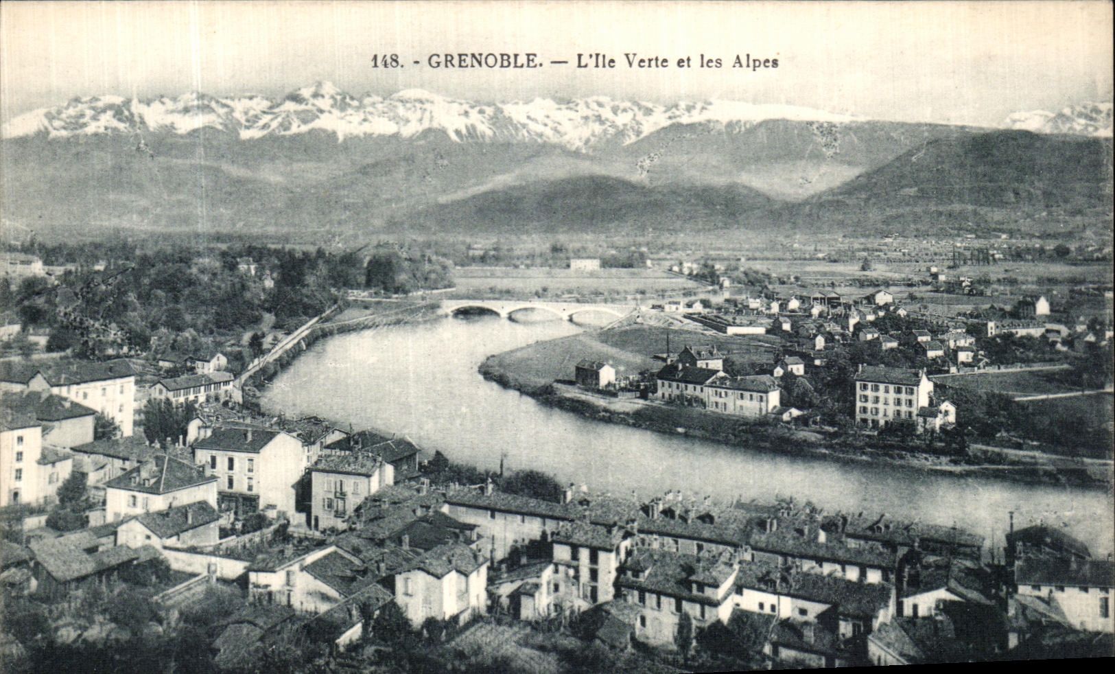 VINTAGE POSTCARD Grenoble L Green Island and the Alps