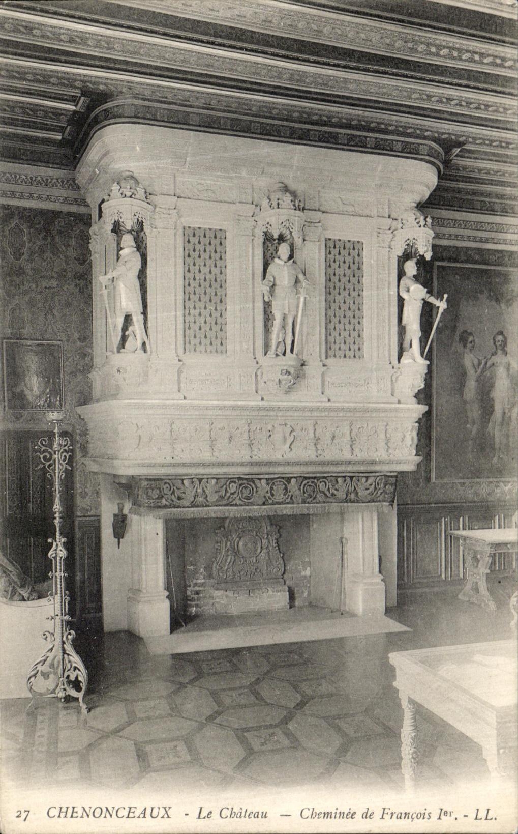 POSTAL Chenonceaux de la VENDIMIA la chimenea del castillo de Francois 1r