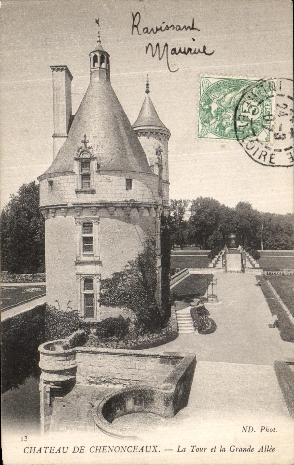 Castillo de la POSTAL de la VENDIMIA de Chenonceaux la torre y el Granade idos