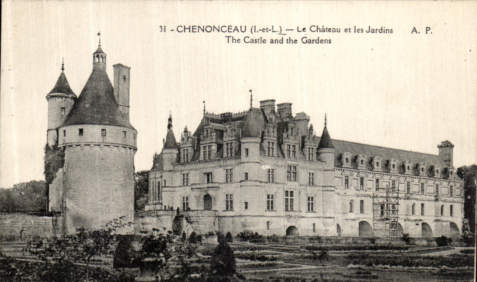 POSTAL Chenonceaux de la VENDIMIA el castillo y los jardines