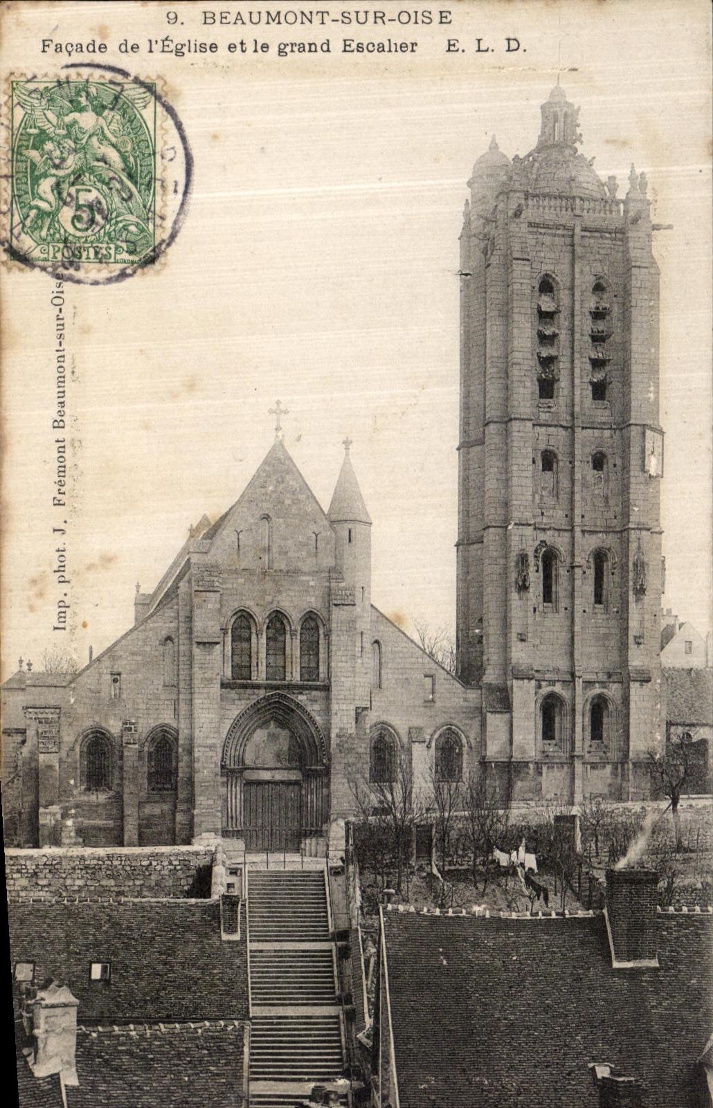 POSTAL Beaumont de la VENDIMIA en el ataque frontal de Oise de L iglesia y la escalera grande