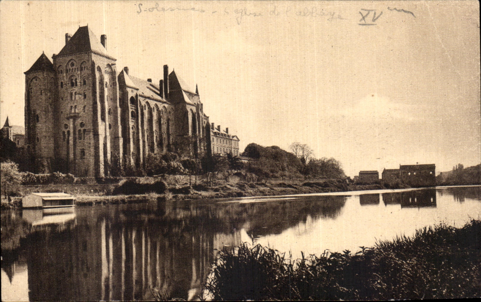 VINTAGE POSTCARD L Abbey St Pierre de Solesmes seen of Right Bank of the Sarthe