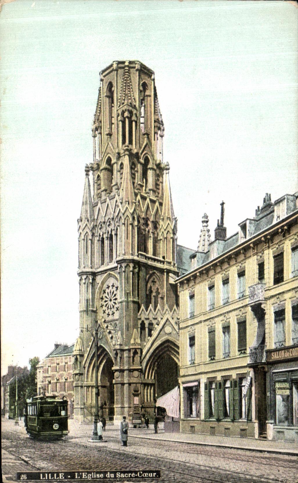 VINTAGE POSTCARD Lille L Church of the Sacring Heart Tram Hairdresser