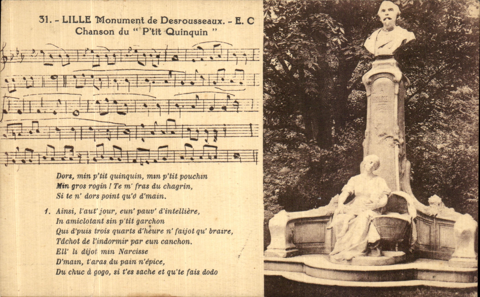 VINTAGE POSTCARD Lille Monument of Desrousseaux Song of the P tit Quinquin