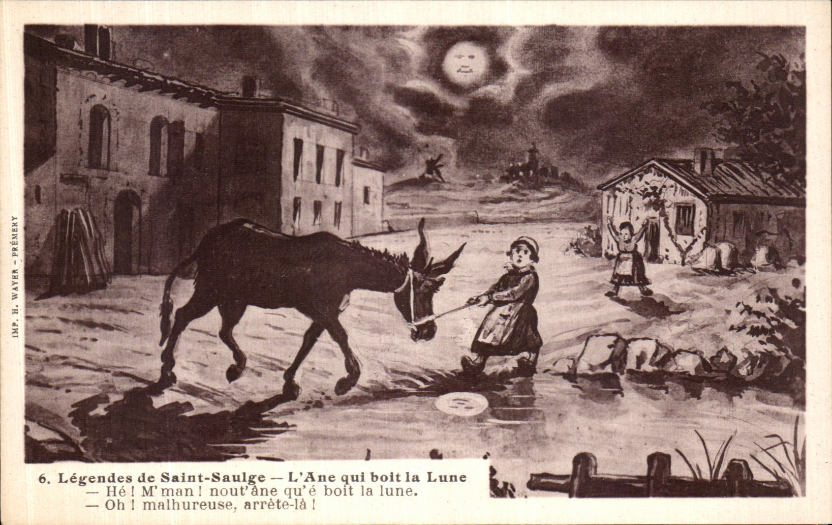 VINTAGE POSTCARD Legends Of Saint Saulge L Ass who drinks the Moon Folklore Costume