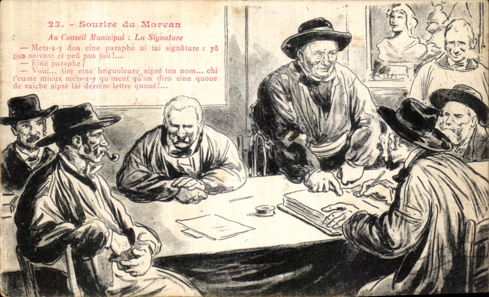 POSTAL de la VENDIMIA a la sonrisa de Morvan al consejo municipal el folklore de la firma