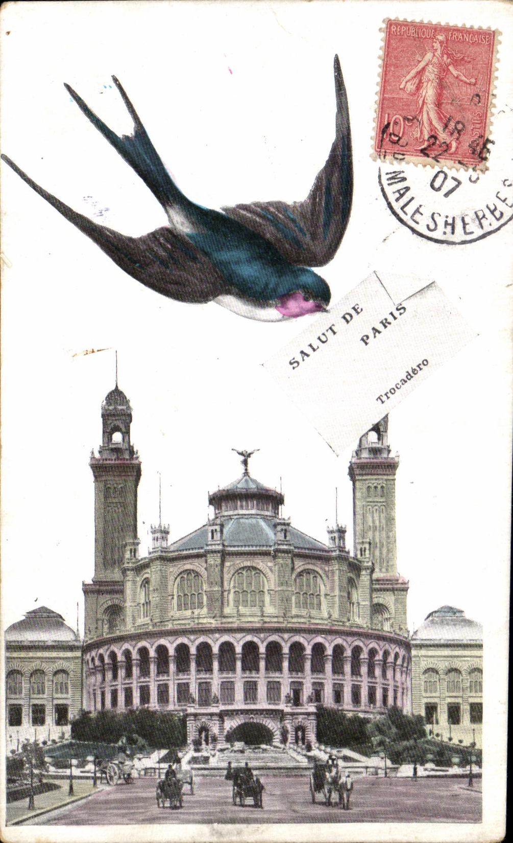 VINTAGE POSTCARD Paris Hello Trocadero Swallow