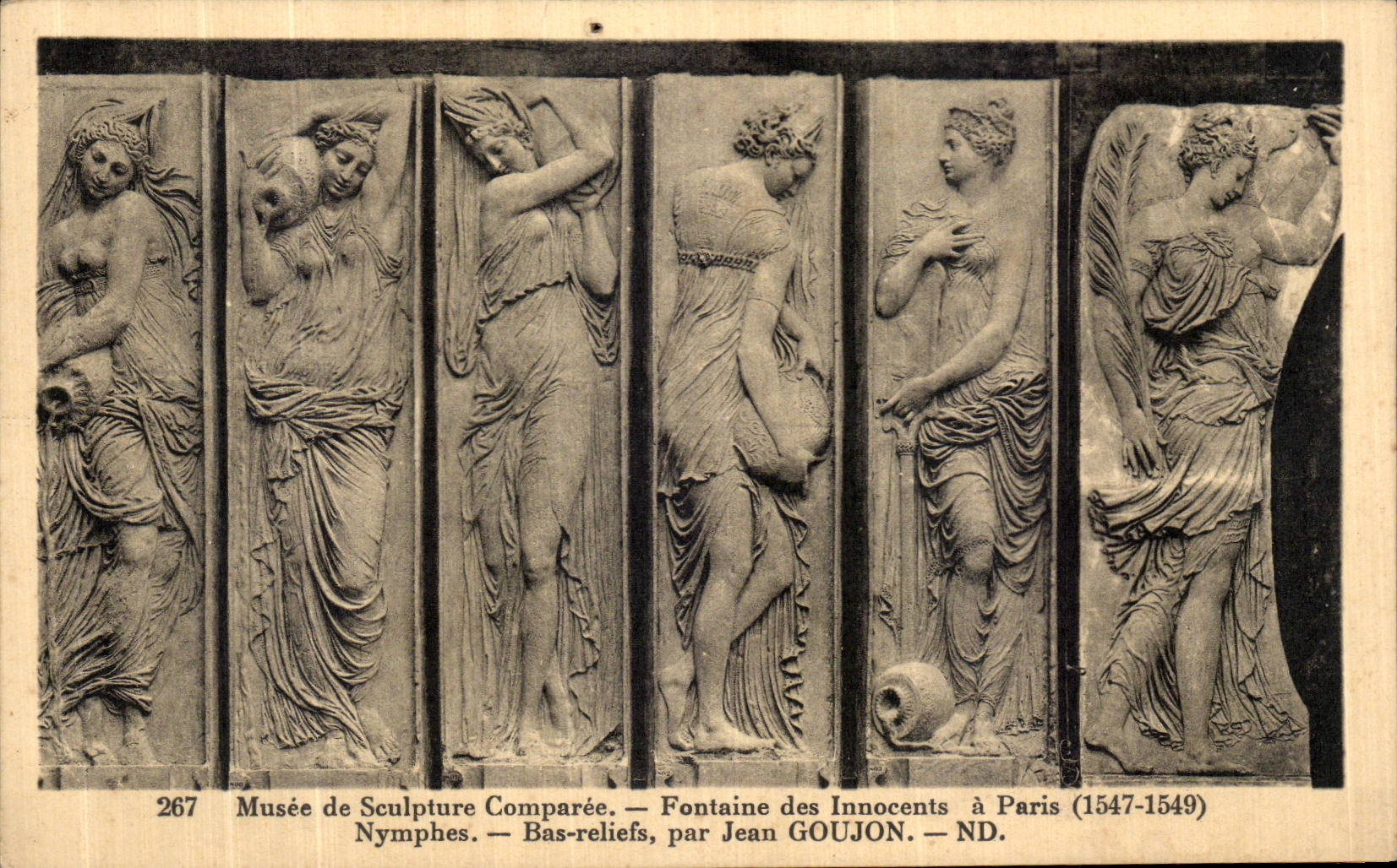 VINTAGE POSTCARD Museum of Sculpture Comparee Fountain of Innocent Low Paris reliefs by Jean Pin
