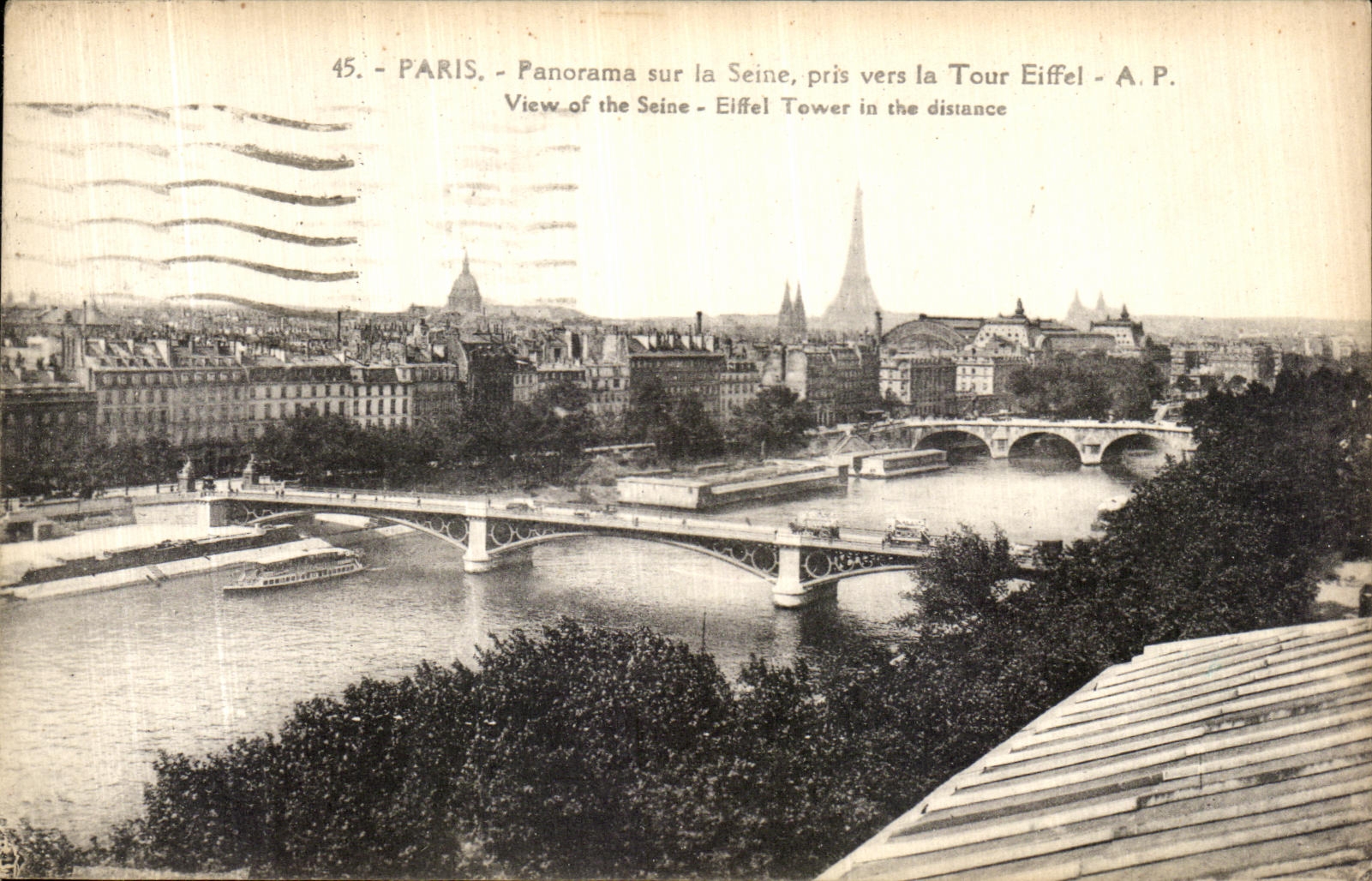 POSTAL Paris Panorma de la VENDIMIA en el Seine tomado hacia la torre Eiffel