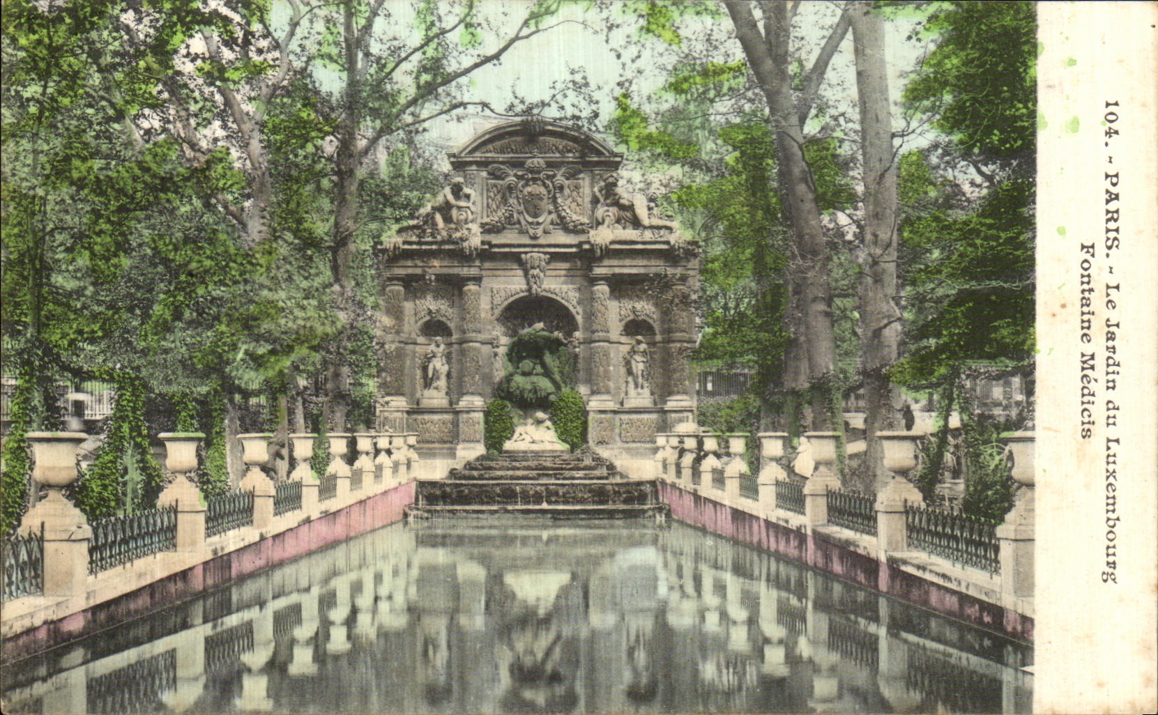 VINTAGE POSTCARD Paris Gardens of Luxembourg and Fontaine Medicis