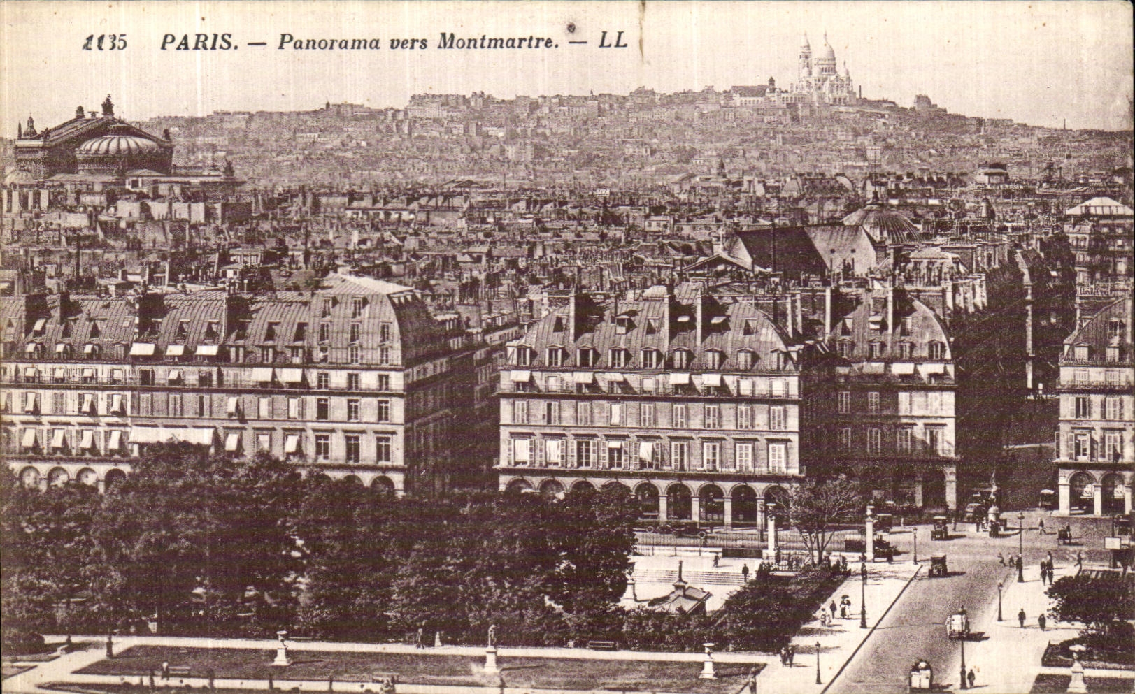 El panorama de Paris de la POSTAL de la VENDIMIA hacia Montmartre corona el corazon