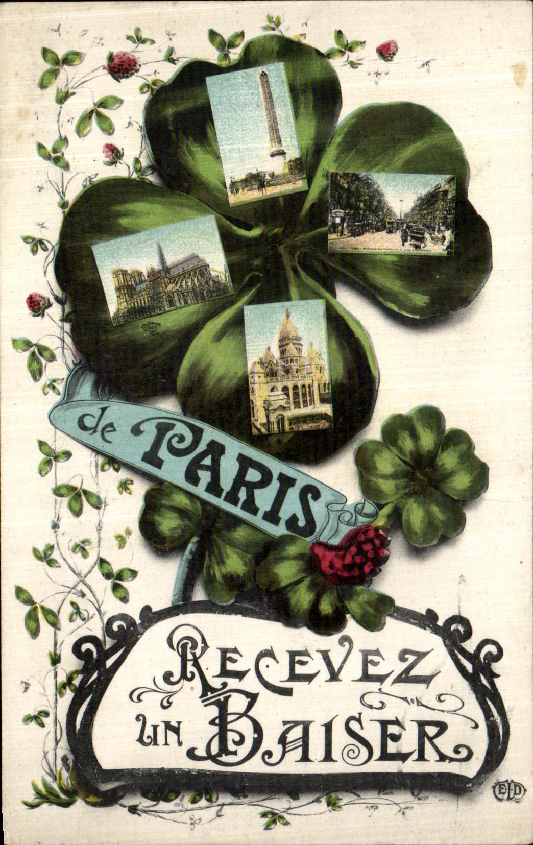 La POSTAL Paris Recevez de la VENDIMIA un trebol del beso corona el corazon