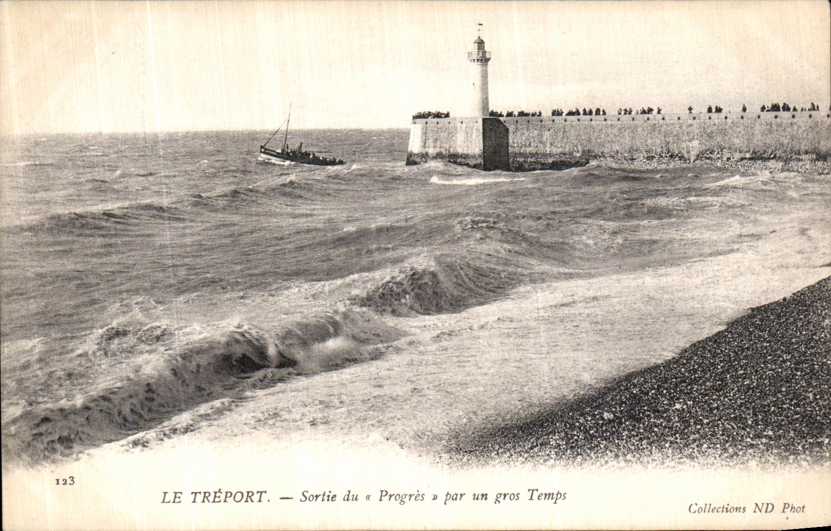 VINTAGE POSTCARD Treport Left Progress By a Heavy weather Lighthouse Boat