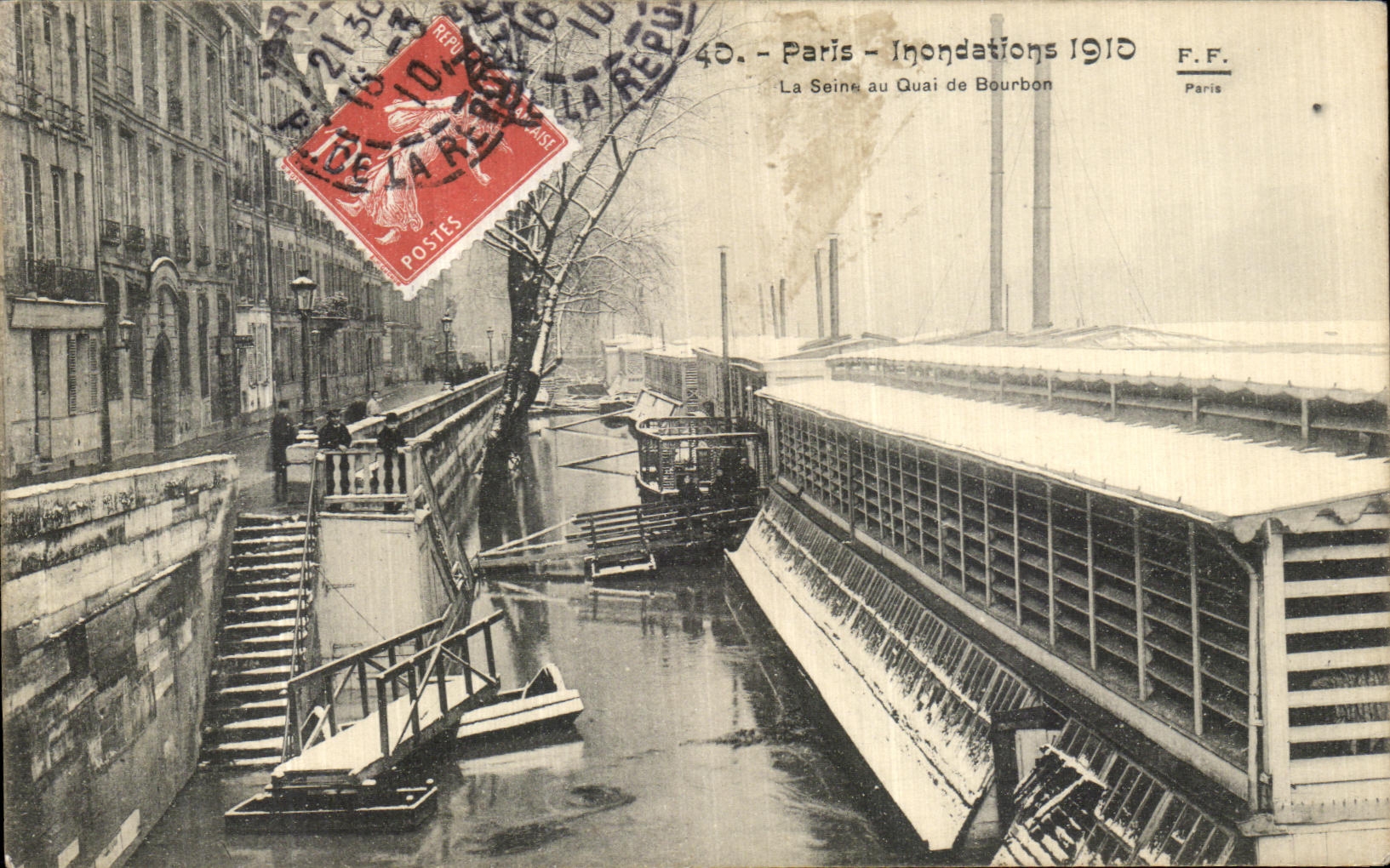 VINTAGE POSTCARD Paris Flood the Seine with the Quay of Bourbon