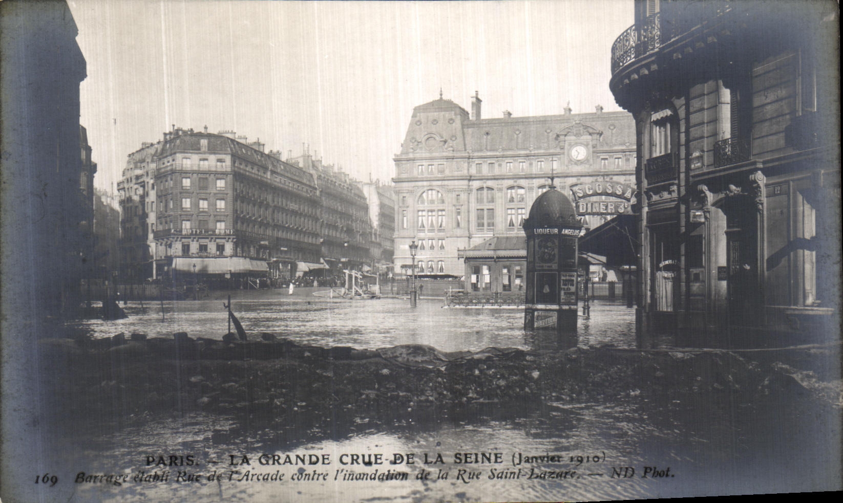 VINTAGE POSTCARD Paris the Great Rising of the Seine Stopping established street of L arcade against L flood of the street Lazare Saint