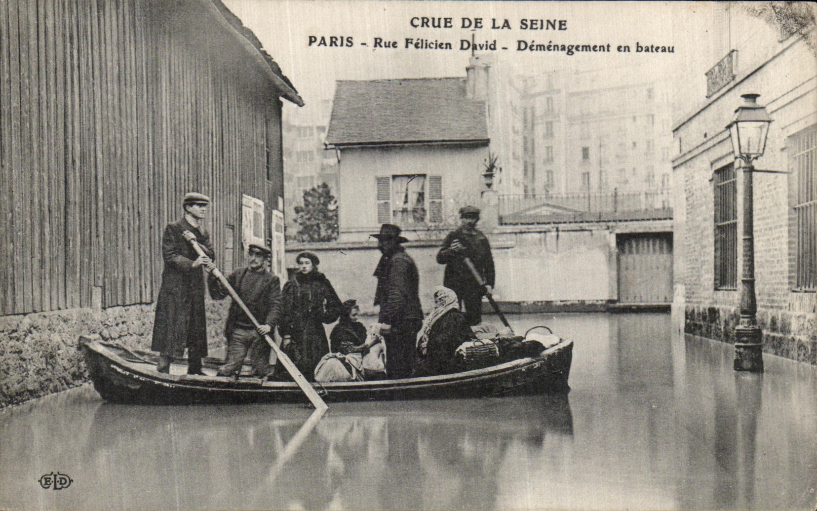 VINTAGE POSTCARD Believed of the Seine Paris Street Felicien David Demenagement in Boat