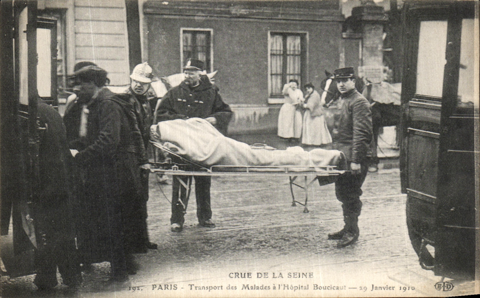 VINTAGE POSTCARD the Rising Of the Seine Paris Transport of the Patients has L Boucicaut hospital