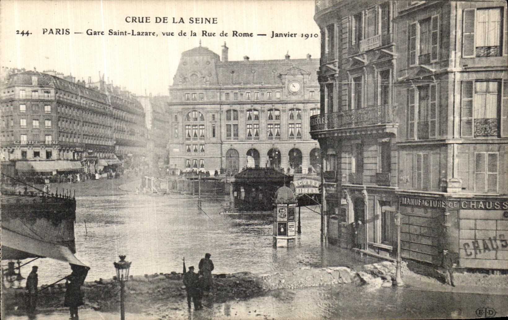VINTAGE POSTCARD Crue Of the Seine Paris Parks Holy Lazare Vue of the Street of Rome