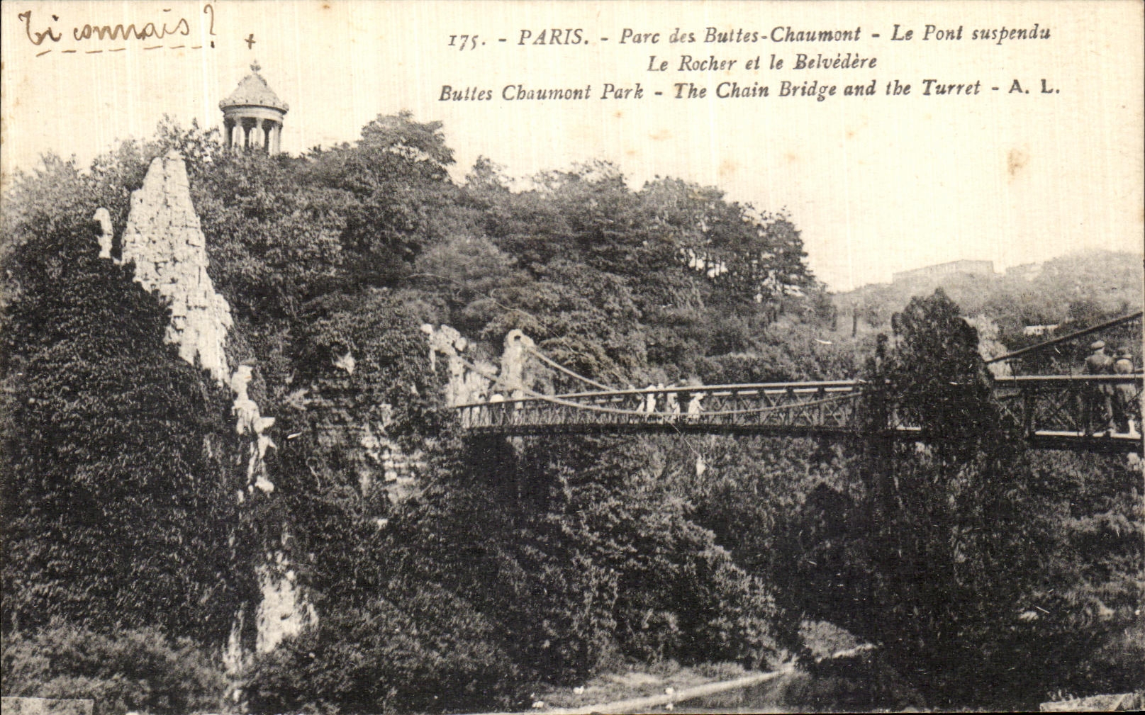 VINTAGE POSTCARD Paris Park of the Chaumont Hillocks the Suspended bridge the Rock and Belevedere