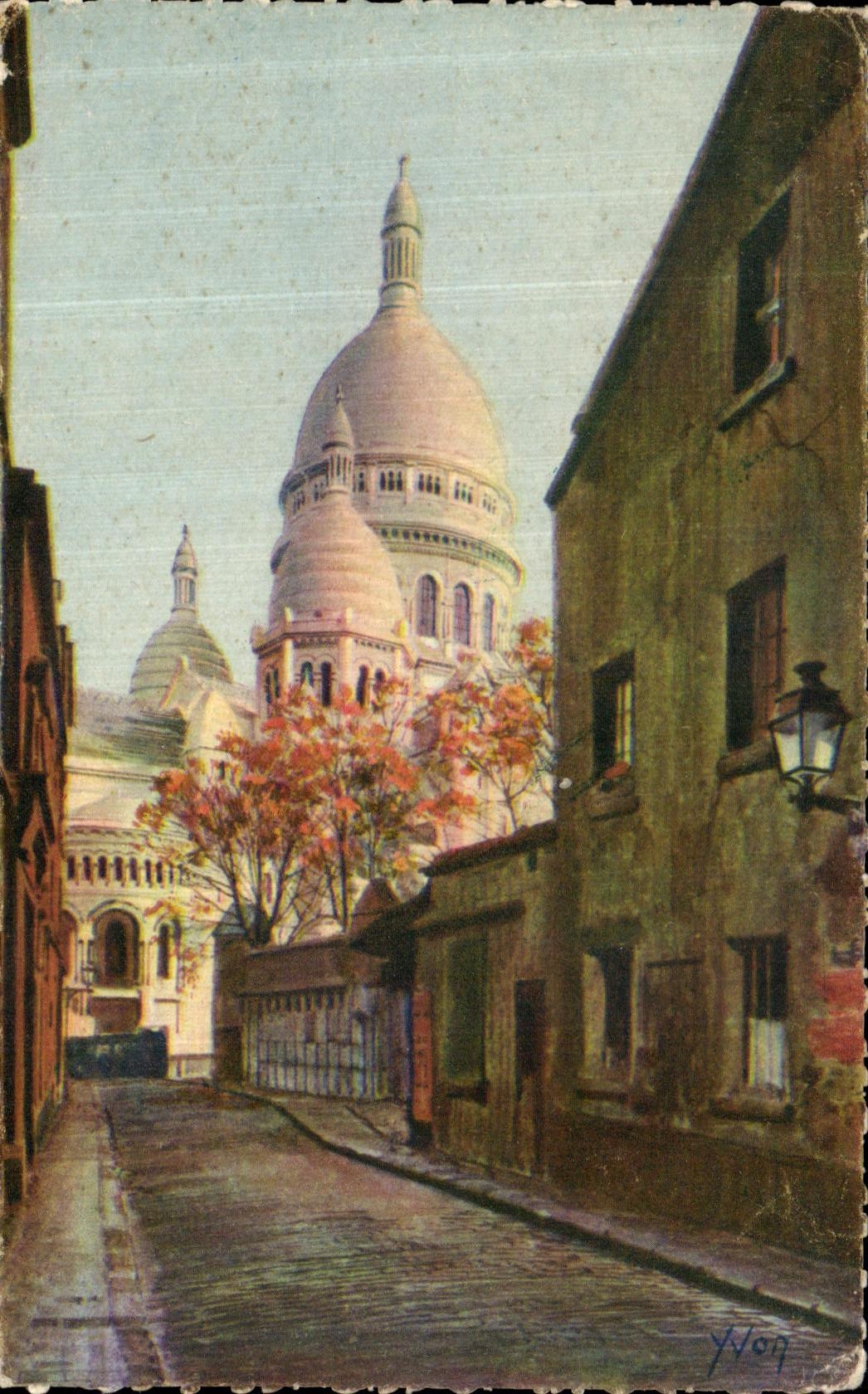 VINTAGE POSTCARD Paris while Strolling Monrnartre the Basilica seen of the Street of the Knight of the Bar