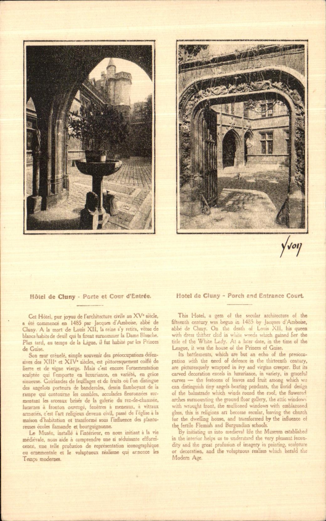 VINTAGE POSTCARD Paris Hotel of Cluny Carries and court D entered