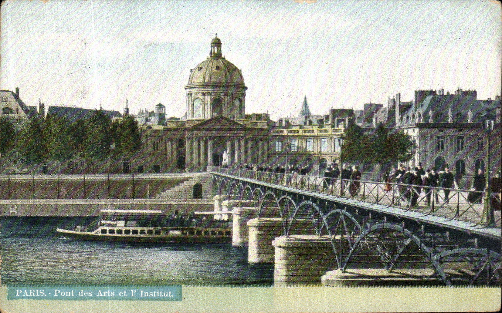 VINTAGE POSTCARD Paris Bridge of Arts and L Institute Barge