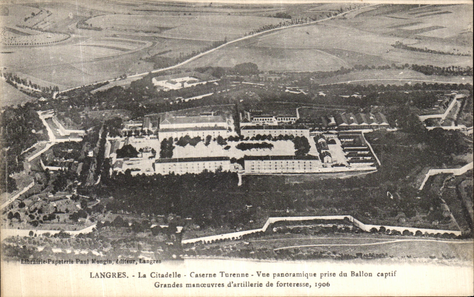 VINTAGE POSTCARD Langres the Citadel Turenne Barracks Panoramic View taken of the Tethered balloon army maneuvers D artillery