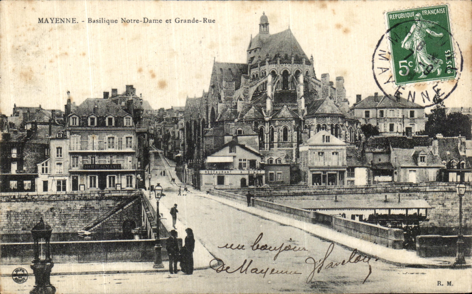 VINTAGE POSTCARD Mayenne Notre Dame Basilica and main street
