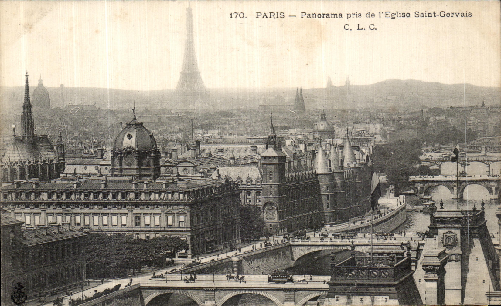 El panorama de Paris de la POSTAL de la VENDIMIA pide L torre Eiffel de Gervais de la iglesia Saint