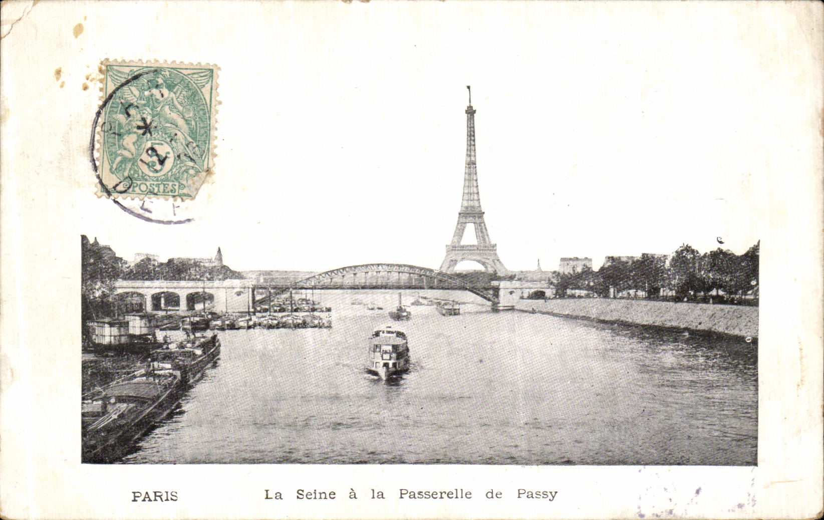 VINTAGE POSTCARD Paris the Seine with the Footbridge of passy Eiffel Tower