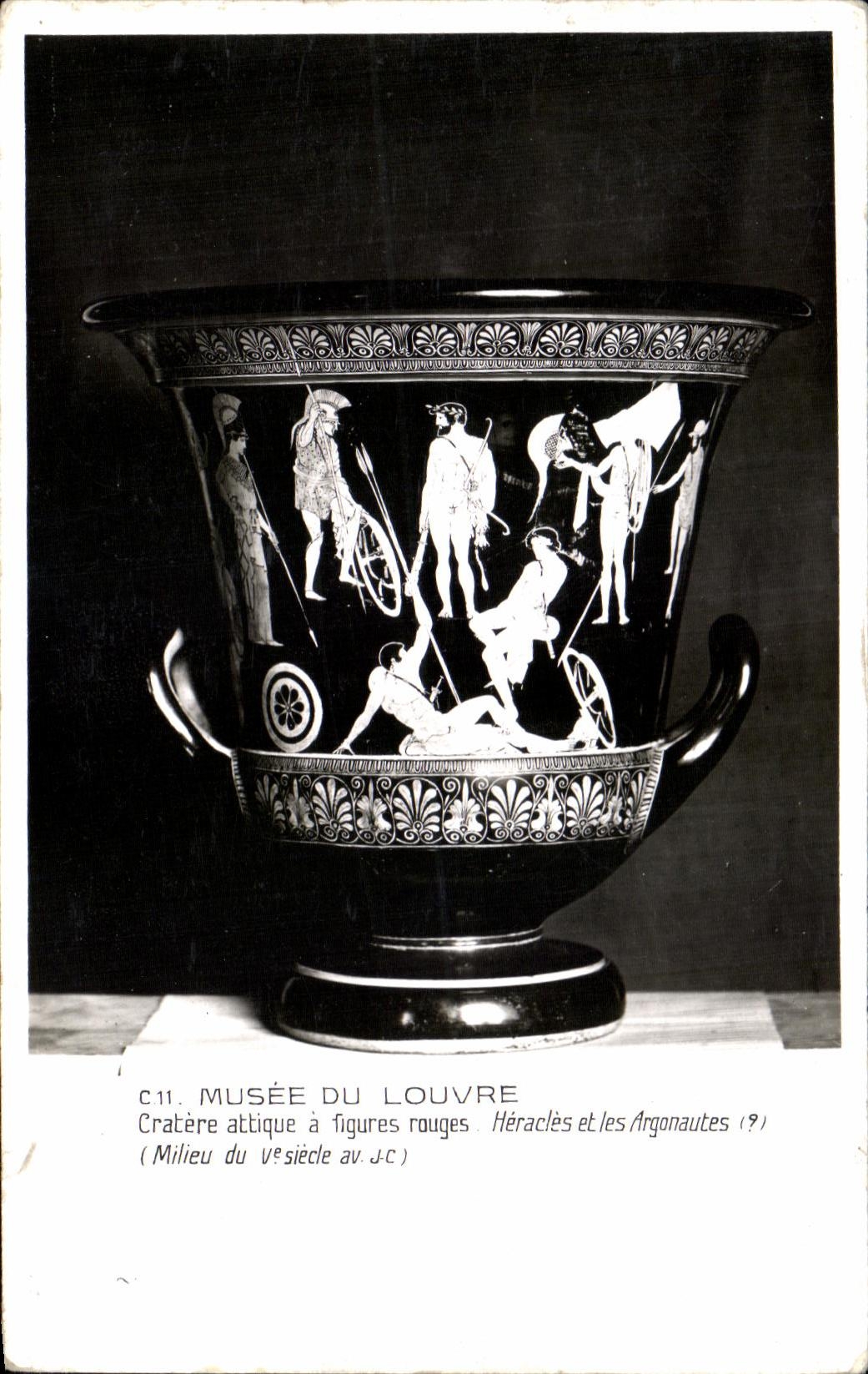 La POSTAL Paris Musee de la VENDIMIA de la lumbrera antigua Cratere tiene figuras Grecia Heracles y Argonautes del rojo