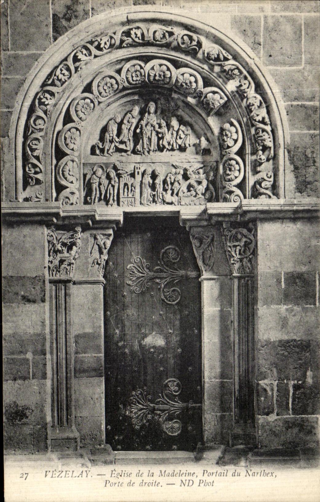 VINTAGE POSTCARD Vezelay Eglise of the Madeleine gate of Narthex Carries of right hand side