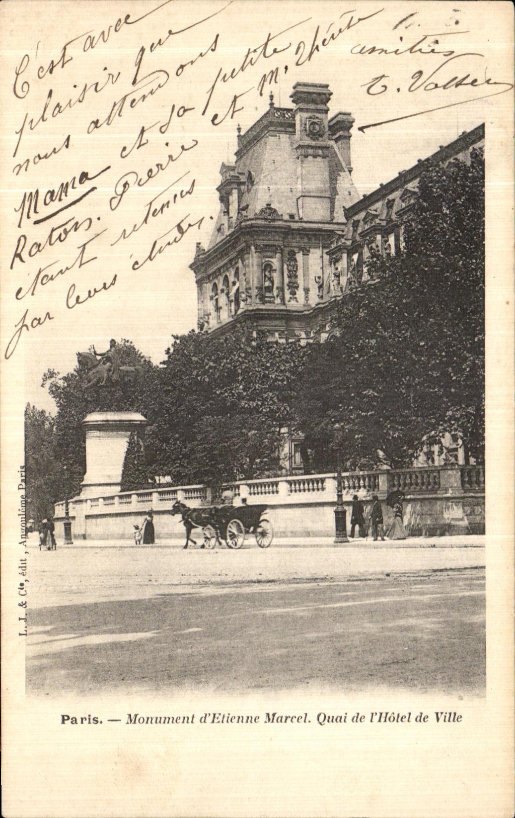 VINTAGE POSTCARD Paris Monument D Etienne Marcel Quay of L Town hall