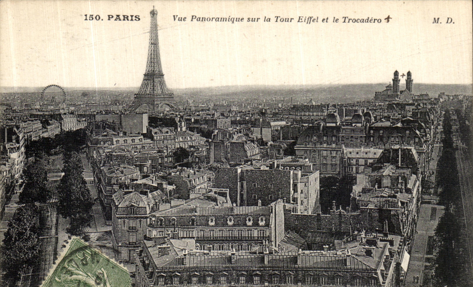 Opinion panoramica de Paris de la POSTAL de la VENDIMIA sobre el torno y el Trocadero de Eiffel