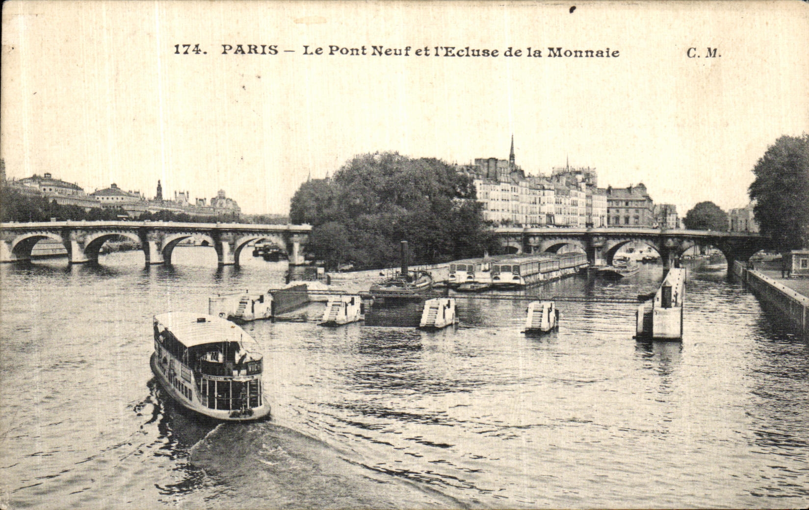 VINTAGE POSTCARD Paris the New Bridge and L Locks Currency Boat Barge