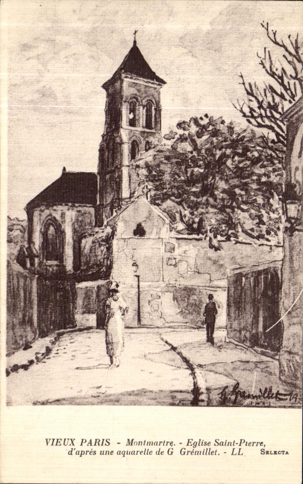 Iglesia vieja Pterre santo D de Paris Montmartre de la POSTAL de la VENDIMIA despues de un watercolour de G Gremillet