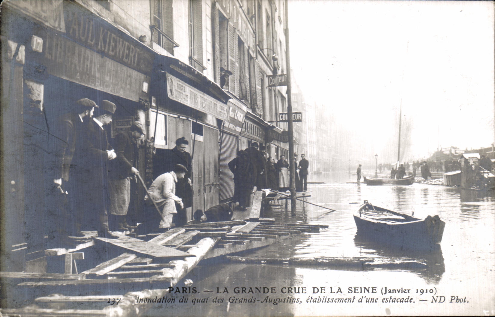 VINTAGE POSTCARD Paris Large the Rising Of the Seine Flood of the quay of Large Augusitins establishment D a pier