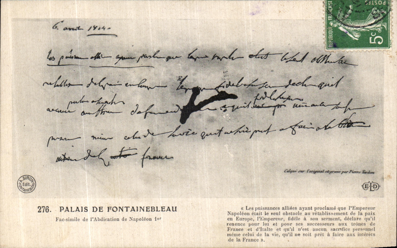 VINTAGE POSTCARD Palate De Fontainebleau FAC Simile of L abdication of Napoleon 1st