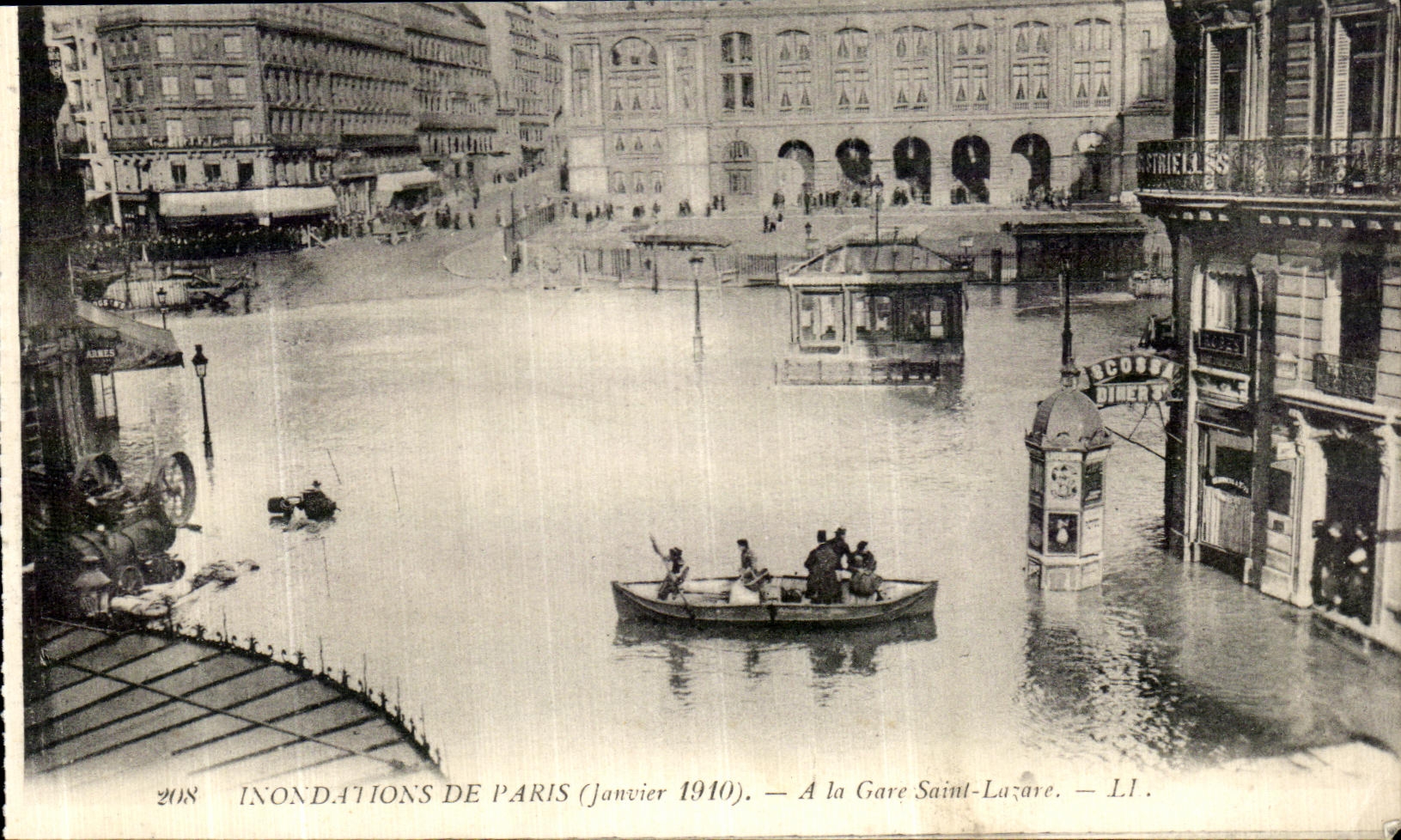 VINTAGE POSTCARD Paris Floods At the station Lazare Saint
