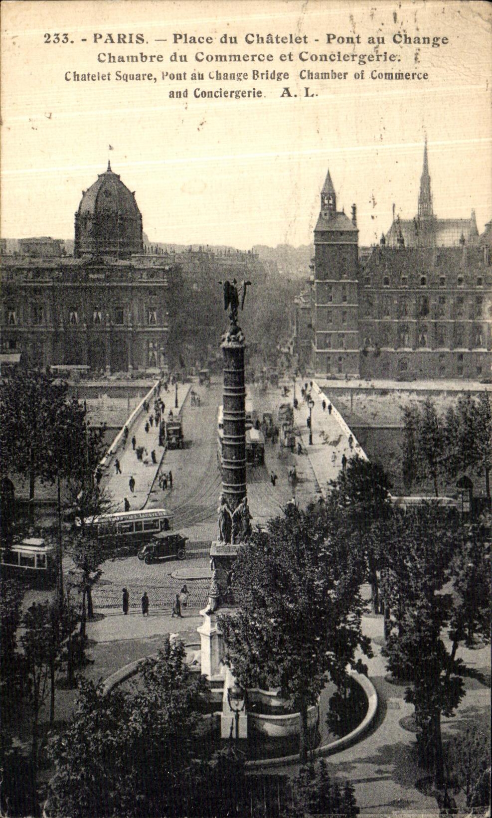 Lugares de Paris de la POSTAL de la VENDIMIA de Chatelet Pont en el anuncio publicitario y el Conciergerie del sitio del intercambio